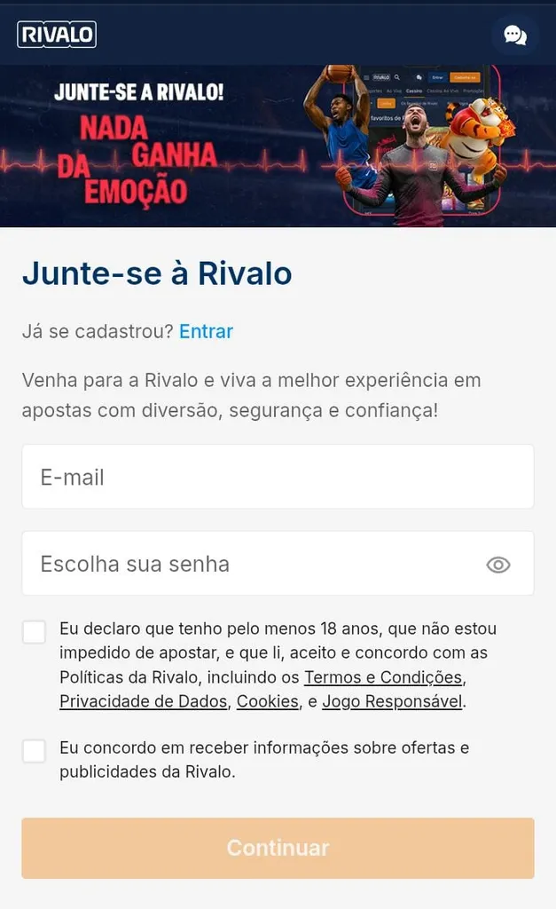 Formulário de cadastro na Rivalo com campo para preencher email e criar senha.