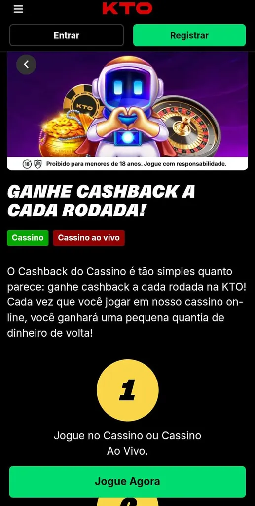 Página da oferta de cashback da KTO