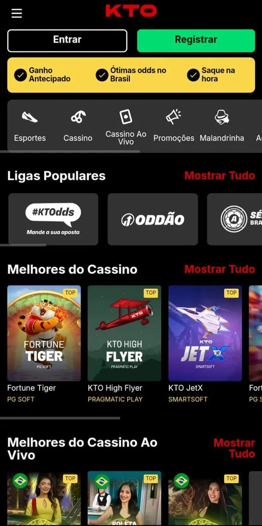 Destaques do site da KTO, incluindo ligas populares e melhores jogos de cassino, como Fortune Tiger e KTO High Flyer
