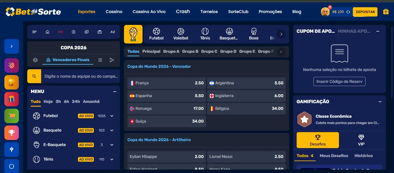 Captura de tela da página da Copa do Mundo na Bet dá Sorte, com os favoritos ao título.