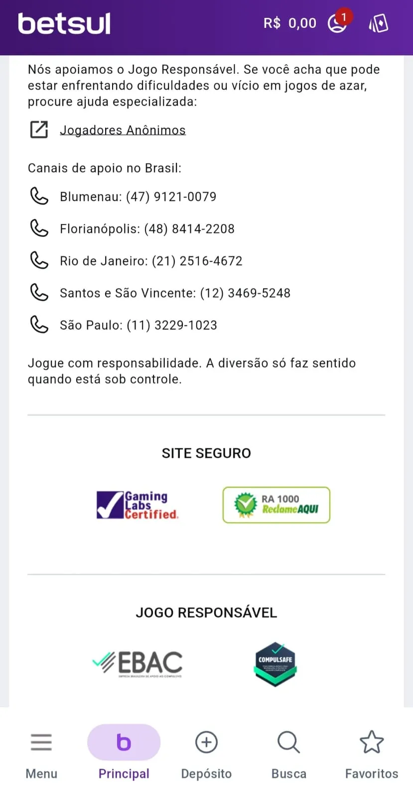 Telefones úteis para suporte de jogo responsável, selos do Reclame Aqui e outros parceiros no app Betsul.