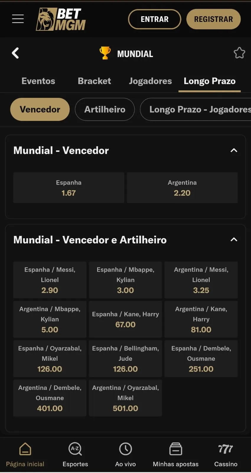 Mercado de aposta para o vencedor da Copa do Mundo na BetMGM.