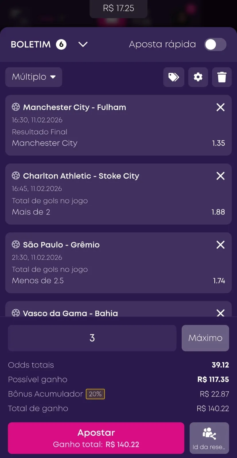 Bilhete de aposta múltipla com 5 seleções e bônus de 20% danto total de R$140,22 de retorno.