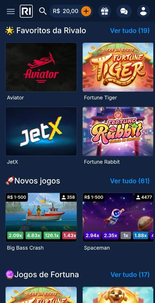Ícones do Aviator, Fortune Tiger, JetX e Fortune Rabbit exibidos entre os jogos favoritos da Rivalo
