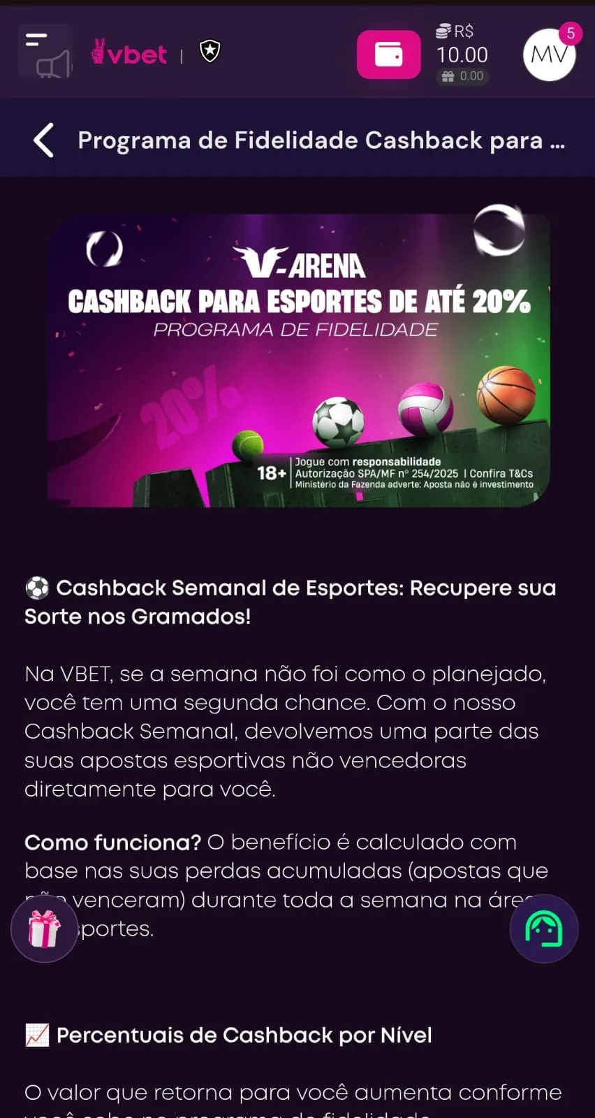 Oferta de cashback para esportes da Vbet, com até 20% de reembolso