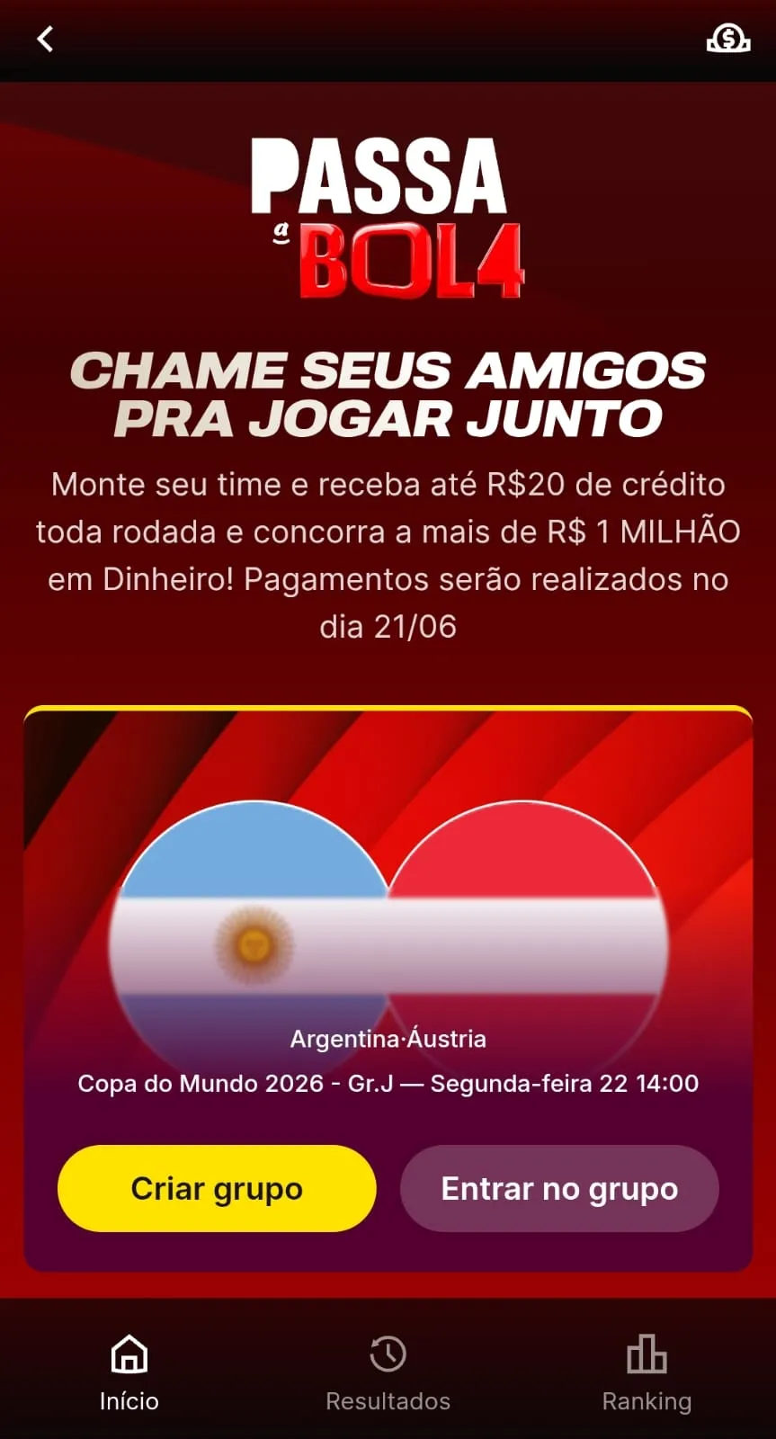 Tela mobile do Passa a Bol4 da Superbet para a Copa do Mundo 2026
Data: 22/06/2026