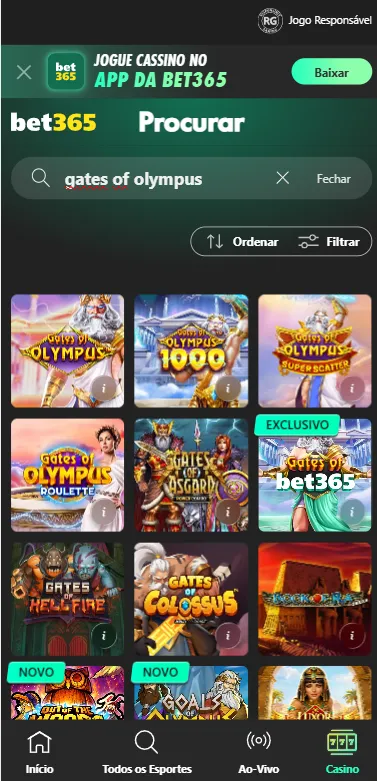 Resutltados de pesquisa do Gates of Olympus na bet365 e slots da franquia incluindo a versão Gates of Olympus 1000