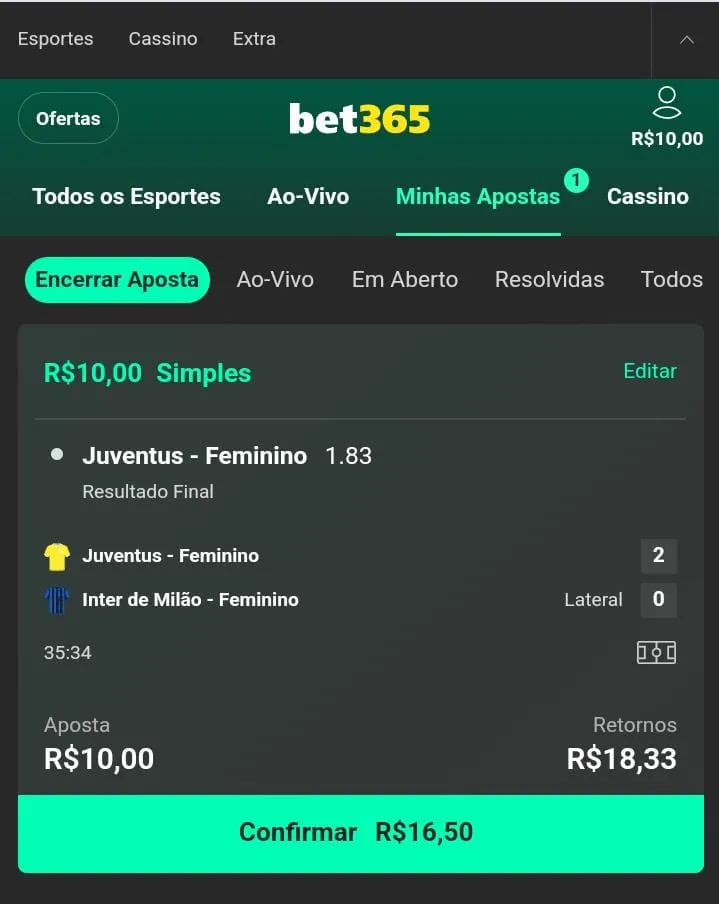 Captura de tela da bet365 com o encerramento da aposta
