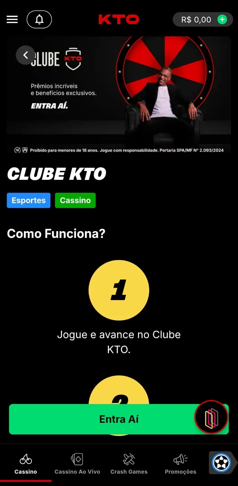 Clube KTO, com título Níveis altos, prêmios maiores e botão de Entra Aí