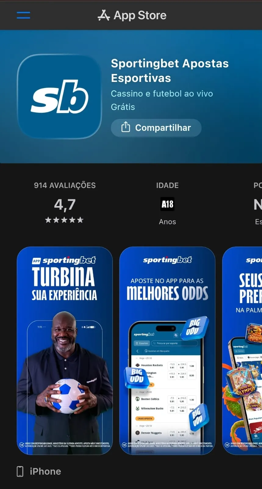 Print do aplicativo da Sportingbet na App Store.