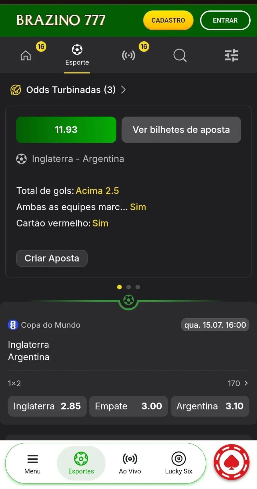 Mercados de 1x2 e odds turbinadas para a semifinal da Copa do Mundo entre Inglaterra x Argentina na Brazino777.