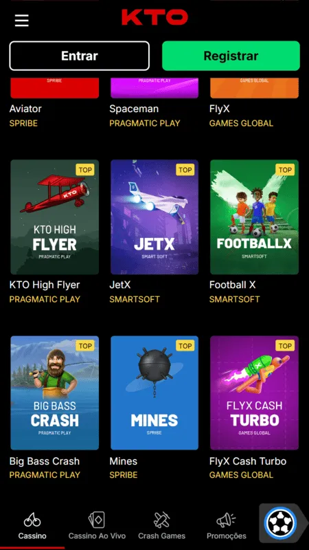 Jogo da bombinha na KTO com outros títulos do catálogo como JetX, Big Bass Crash e mais.

