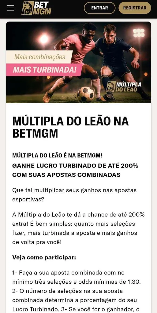 Banner da Múltipla do Leão na BetMGM, com dois jogadores em campo e texto explicativo da oferta

