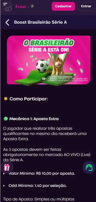 Promoção Boost Brasileirão Série A na Vbet com aposta extra de até R$ 100