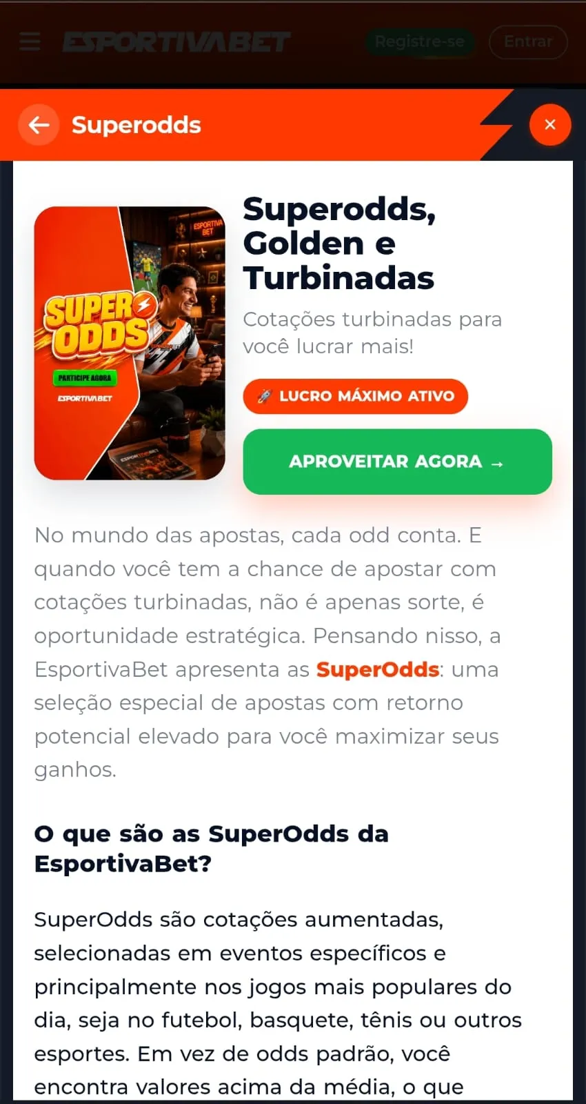Print da página promocional da oferta de Superodds na Esportivabet