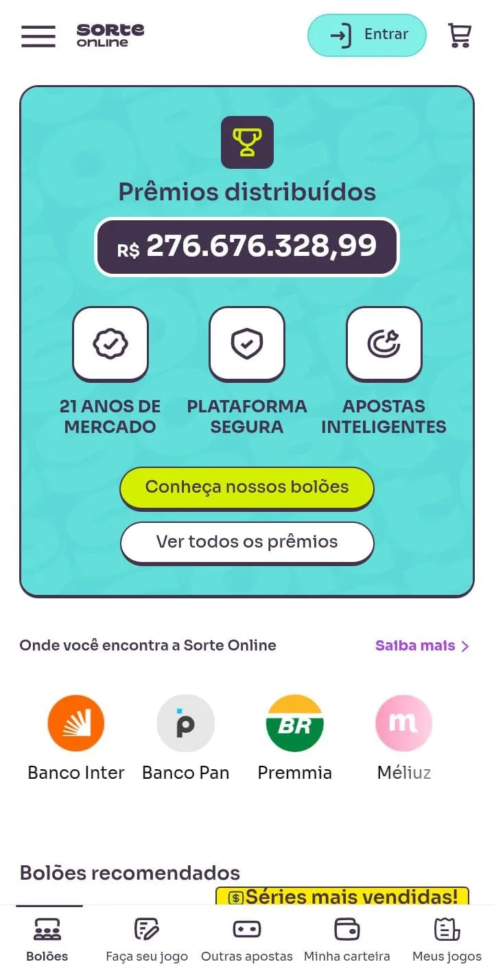 Informe de prêmio distribuído de mais de R$ 276 milhçoes no site da Sorte Online