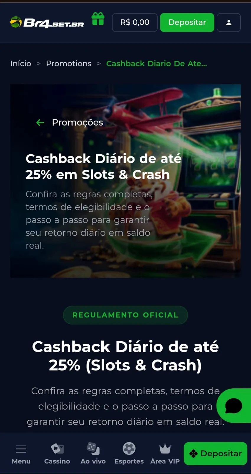 Print da página promocional da oferta de cashback na Br4bet