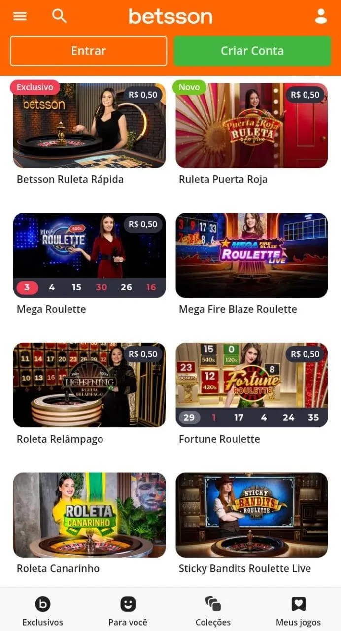 Exibição de 8 jogos de roleta da Betsson, incluindo  Betsson Ruleta Rápida e Ruleta Puerto Roja
