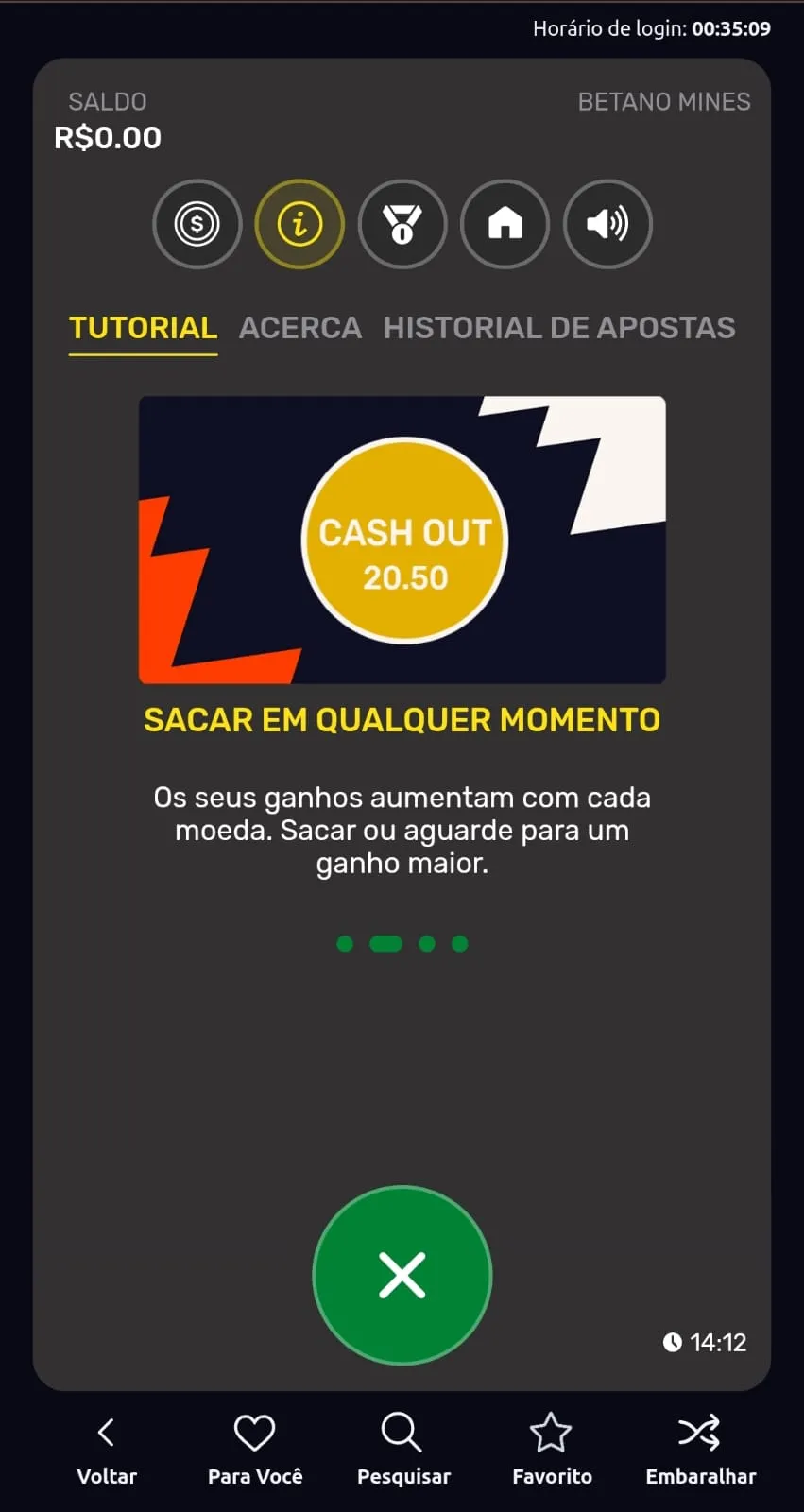 Opção de Cash Out do Betano Mines que pode ser ativada a qualquer momento durante as rodadas.