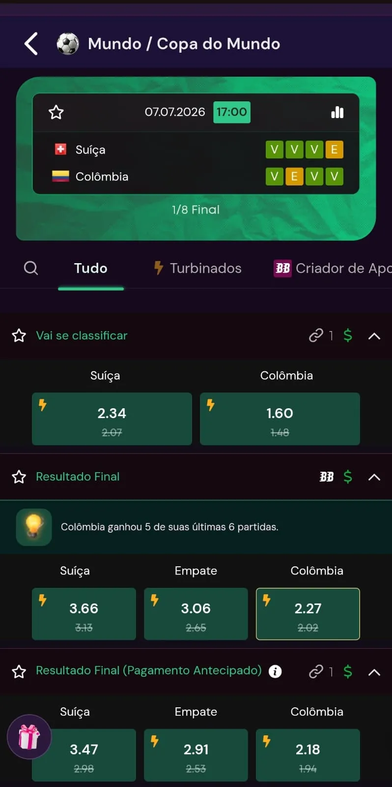  Captura de imagem da partida entre Suíça x Colômbia pela Copa do Mundo na Vbet, com destaque para a opção de Pagamento Antecipado
Data 07/07/2026