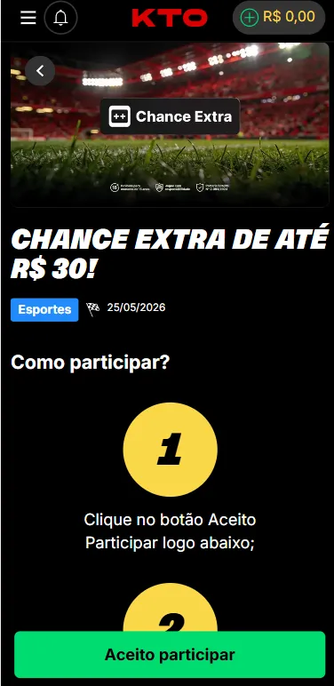 Chance Extra de até R$ 30 na KTO, com odds mínimas de 1.80 e prazo de 7 dias