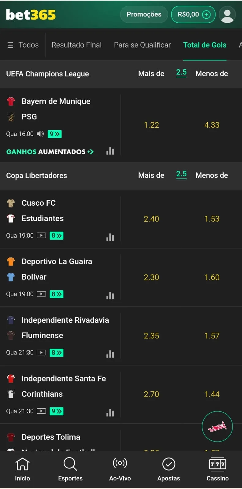Captura de tela da página de eventos no Total de Gols na bet365