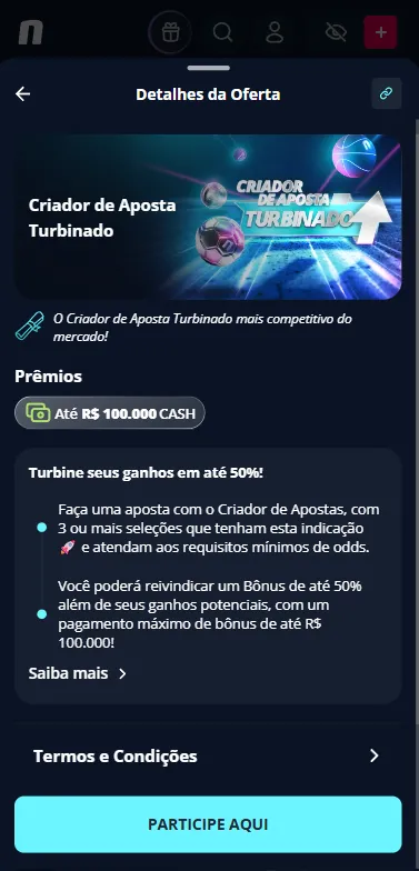 Criador de Aposta Turbinado na Novibet com boost de até 50%
