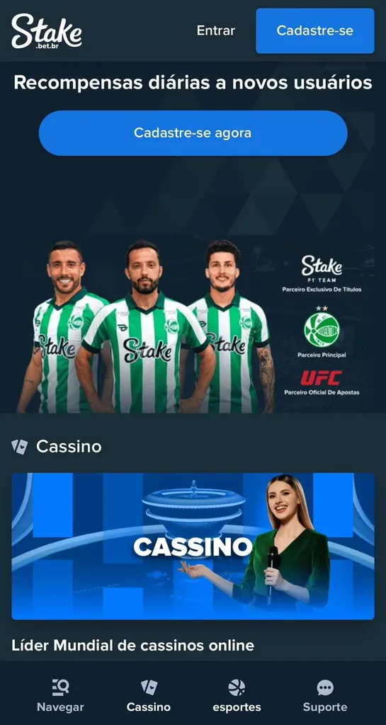 Plataforma Stake com botão de cadastro, banner com jogadores do Juventude e logo do UFC, patrocinados pela operadora.