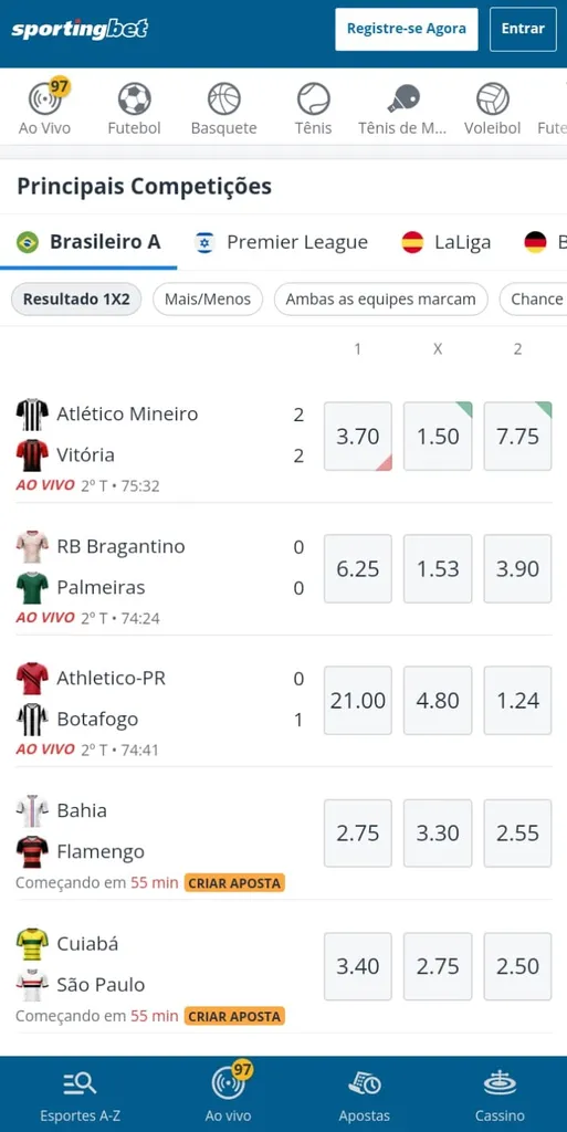 Seção de esportes da Sportingbet com filtro para principais competições e selecionado o Brasileirão com mercado 1x2 e odds.