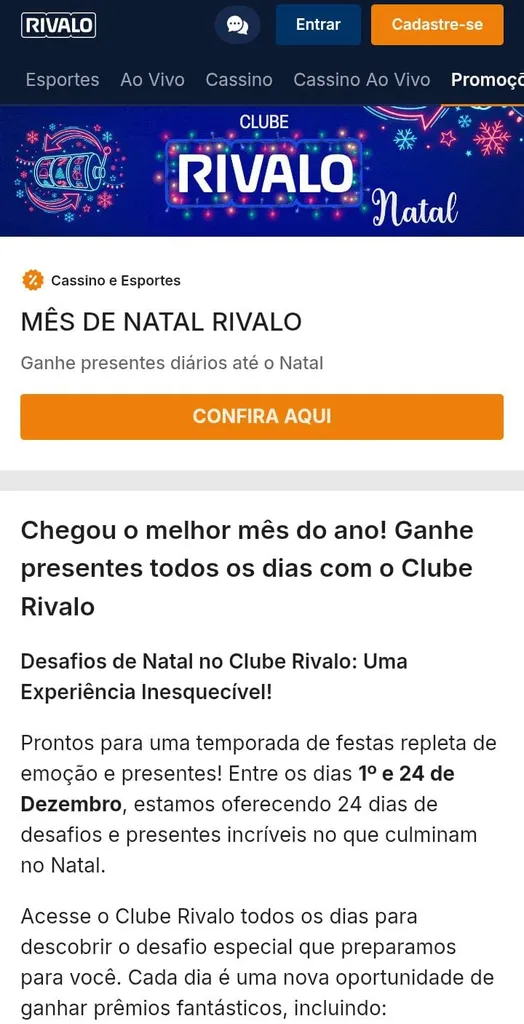Informações sobre a oferta Mês de Natal Rivalo, com prêmios diários até 24/12 e botão “Confira Aqui”