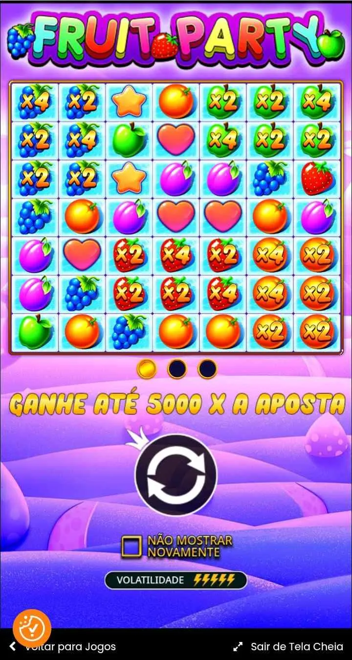 Diferentes símbolos com multiplicadores da grade 7x7 de Fruit Party e texto Ganhe até 5.000x a aposta