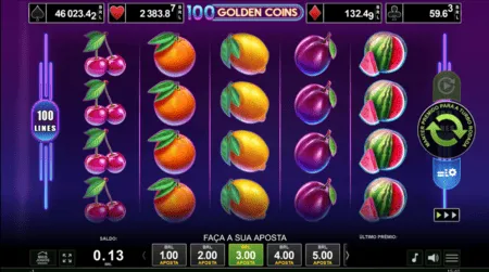 Diferentes figuras na grade 5x4 do jogo 100 Golden Coins, com diferentes jackpots e o maior deles acima de R$46 mil