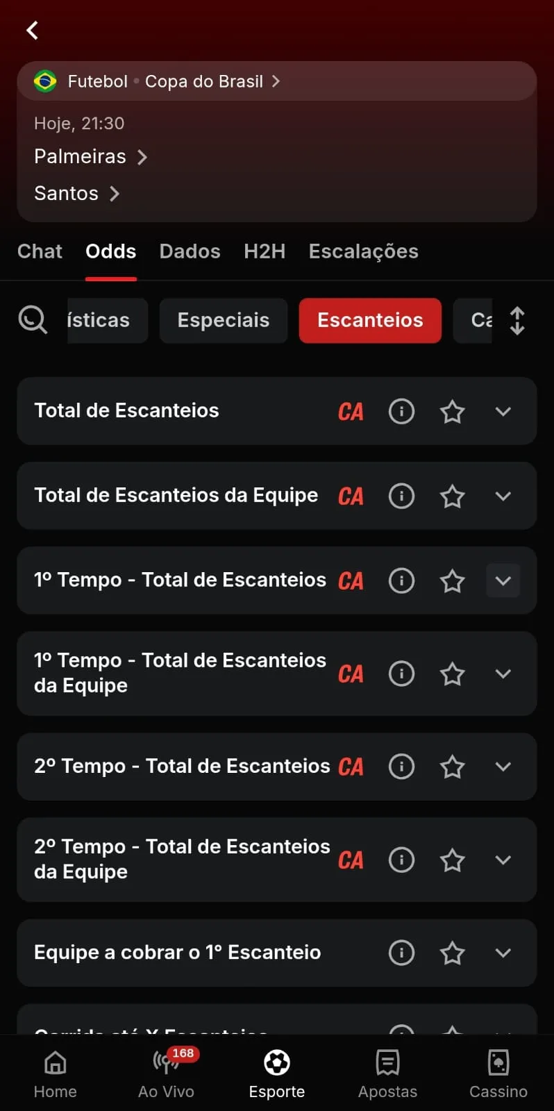 Categoria de escanteios na partida entre Palmeiras x Santos pela Copa do Brasil no site da Superbet.
