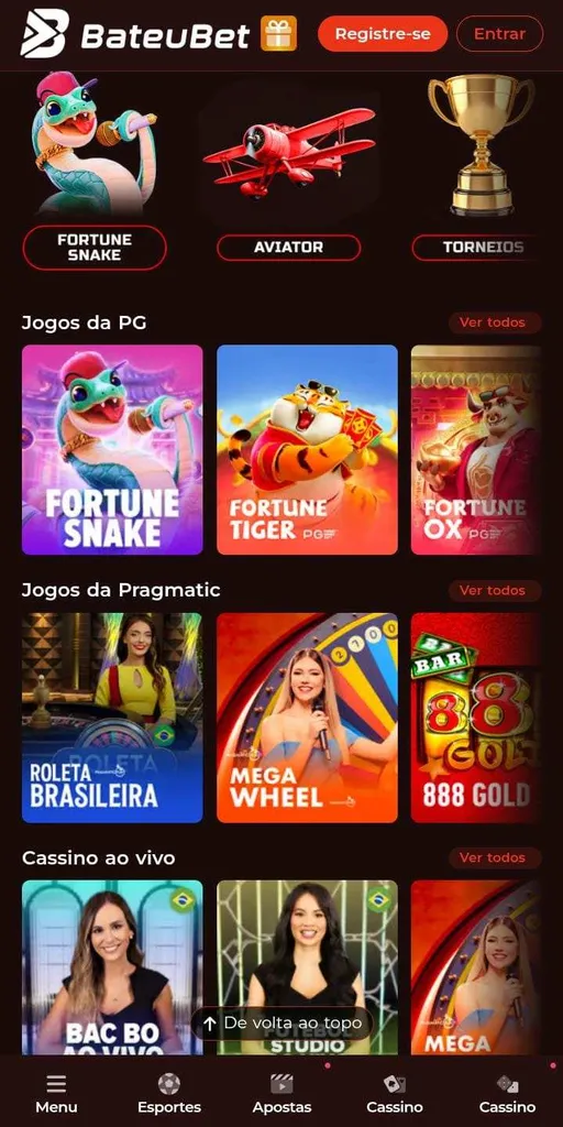 Página inicial da área de cassino da BateuBet
