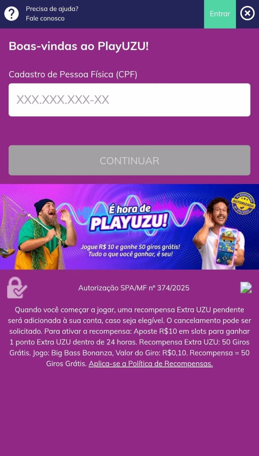 Formulário inicial de cadastro no cassino PlayUZU com campo de preenchimento do CPF, além de informações sobre ofertas.