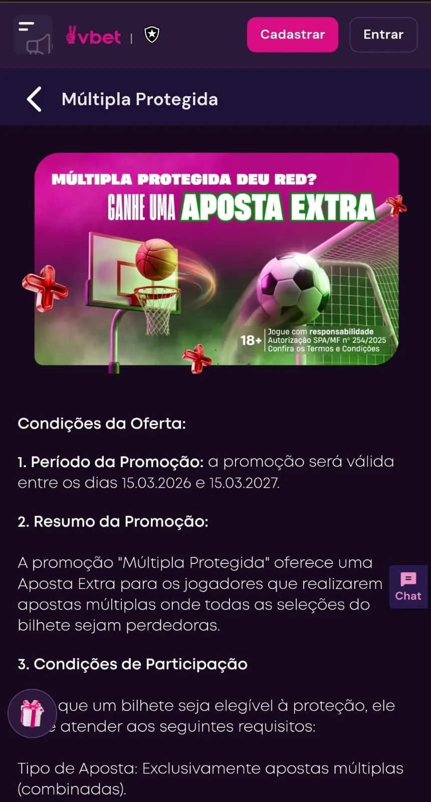 Oferta de Aposta Extra da Vbet com resumo das regras e detalhes da promoção.