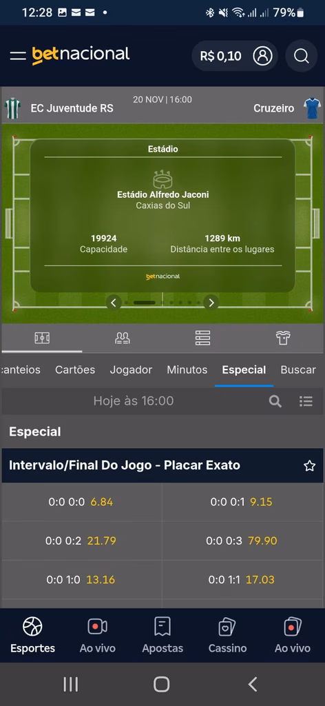 Mercado especial intervalo/final do jogo + placar exato no jogo Juventude x Cruzeiro pelo Brasileirão na Betnacional.