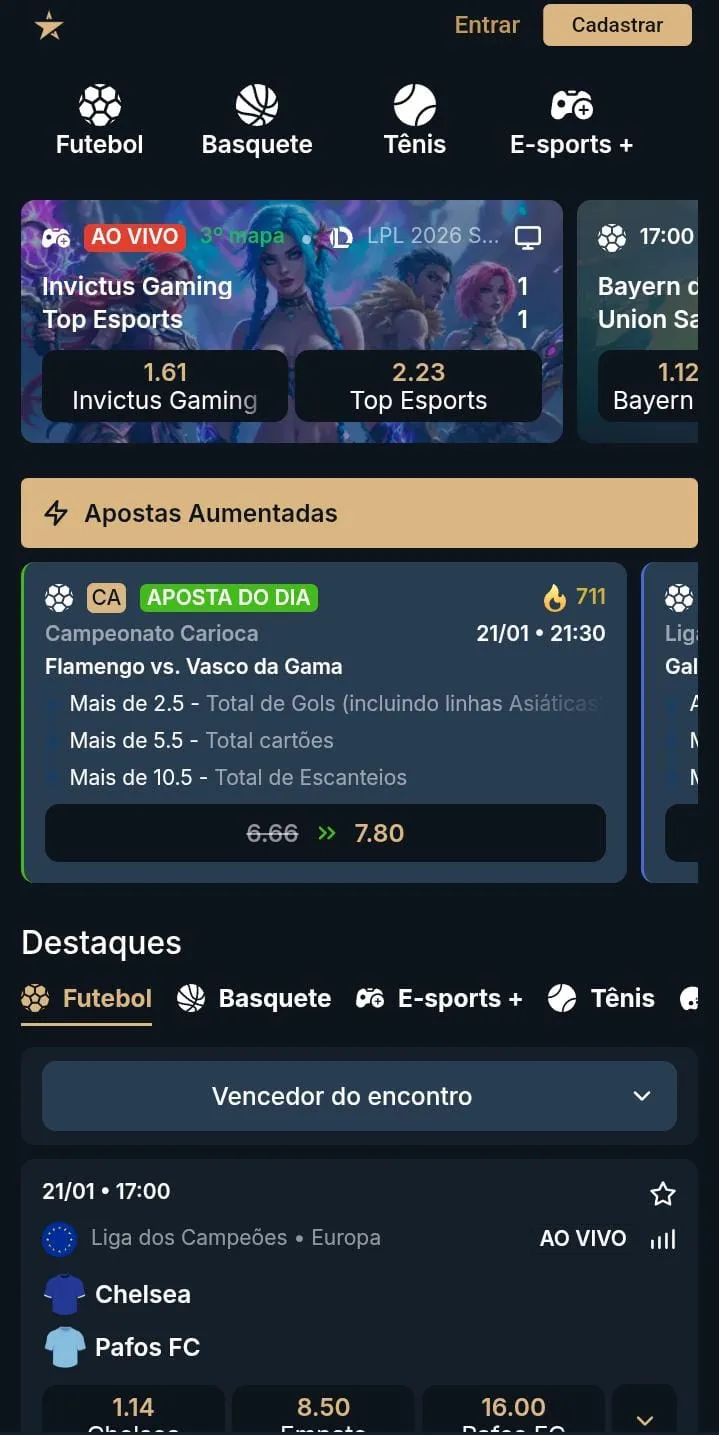 Aposta aumentada no Campeonato carioca, jogo de esport ao vivo e odds da Liga dos Campeões no app da Estrelabet