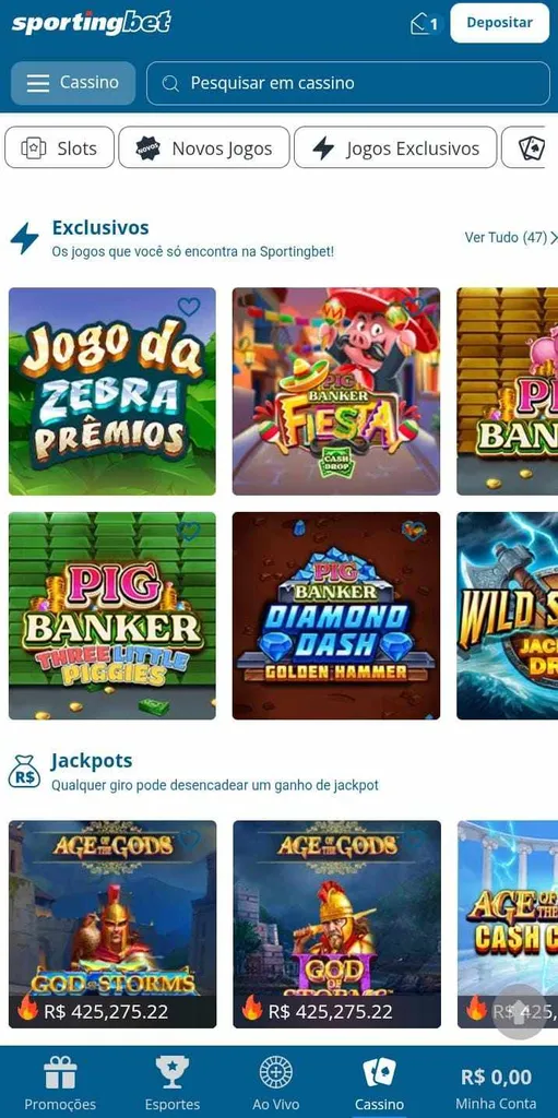 Jogos de cassino da Sportingbet com seção exclusiva com Jogo da Zebra Prêmios e outros, além de jackpots no AGe of Gods.