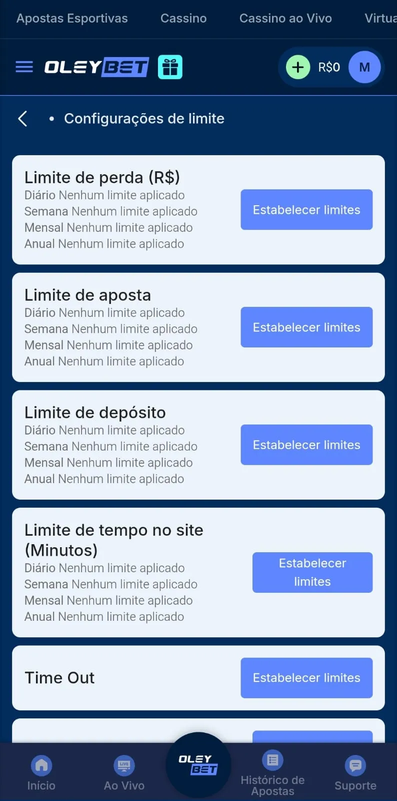 Opções para configurar limites de apostas na Oley Bet.