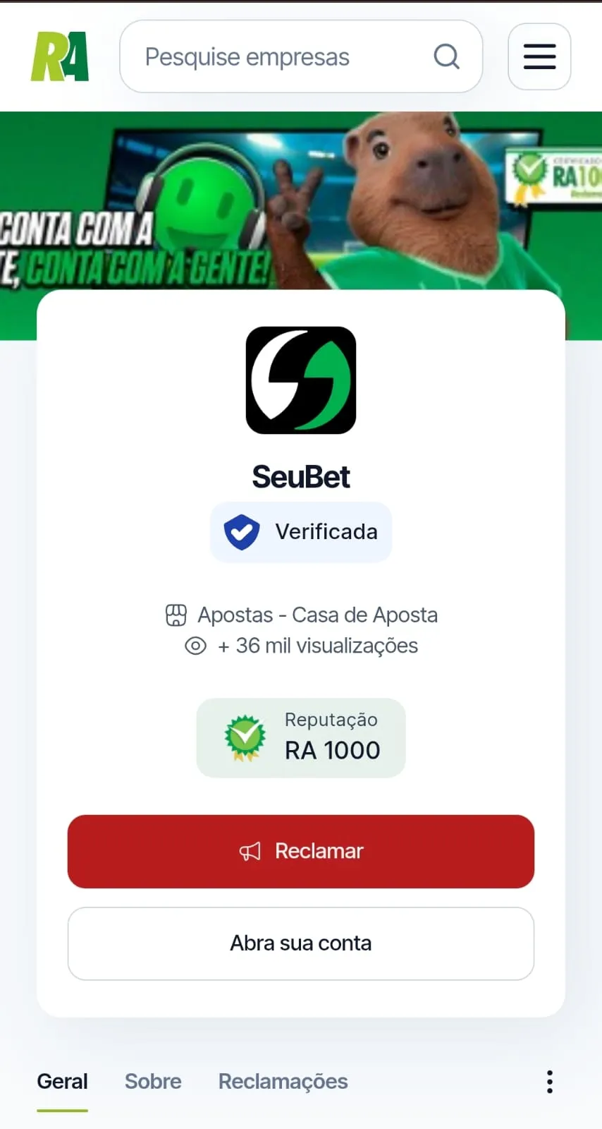 Página da SeuBet no Reclame Aqui com o selo RA 1000