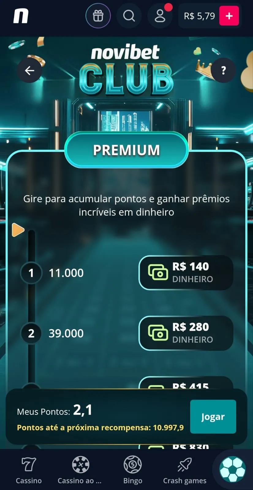 Clube VIP da Novibet, com infográfico mostrando a relação entre o acúmulo de créditos e os prêmios em dinheiro