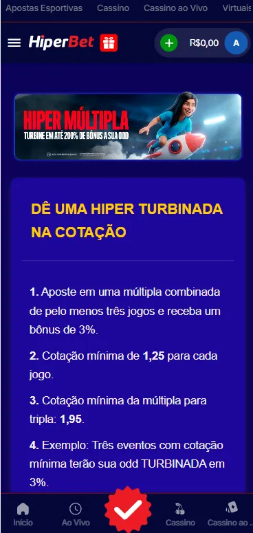 Promoção de aposta múltipla da HiperBet com bônus de odds turbinadas até 200%