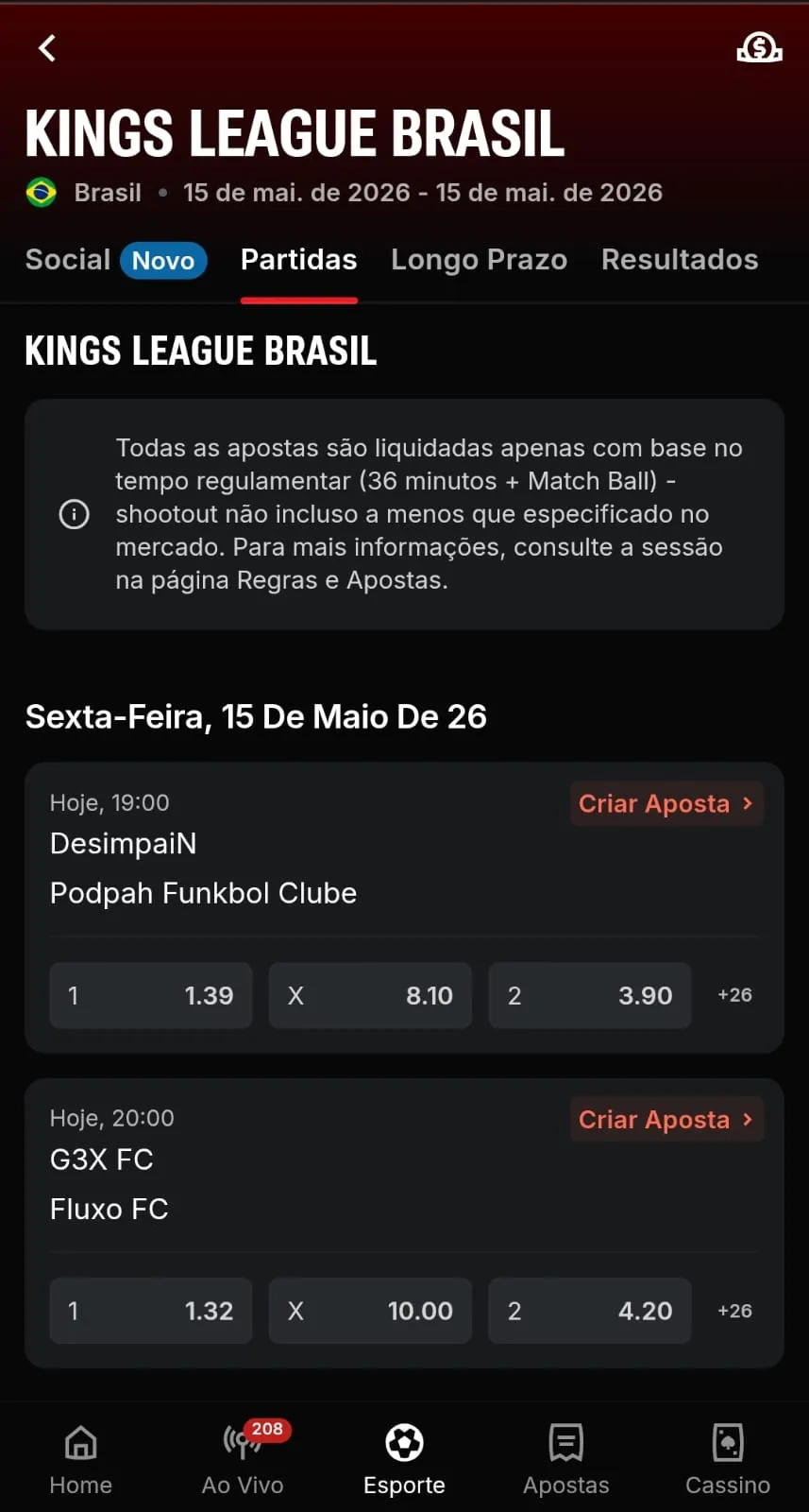 Print da página de apostas da Kings League Brasil na Superbet explicando como funciona o tempo regulamentar