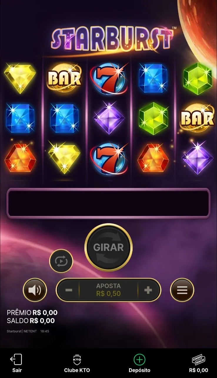  Starburst slot na KTO com aposta de R$0,50