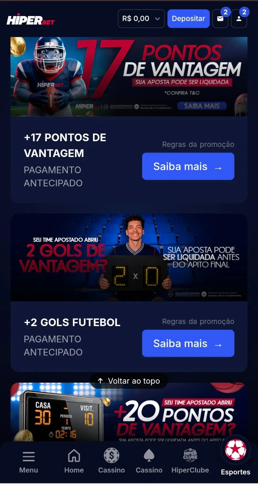 Ofertas de pagamento antecipado da Hiperbet com +17 pontos na NFL, +2 gols no futebol e +20 no basquete. 