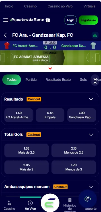 Partida do Campeonato da Armenia com opção de Cash out na Esportes da Sorte