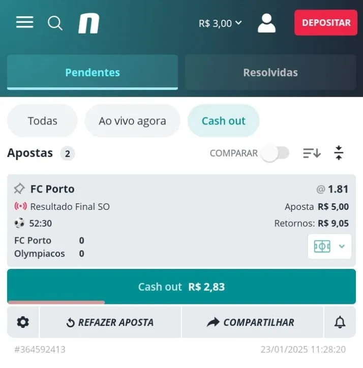 Captura de tela da Novibet com cash out em apostas