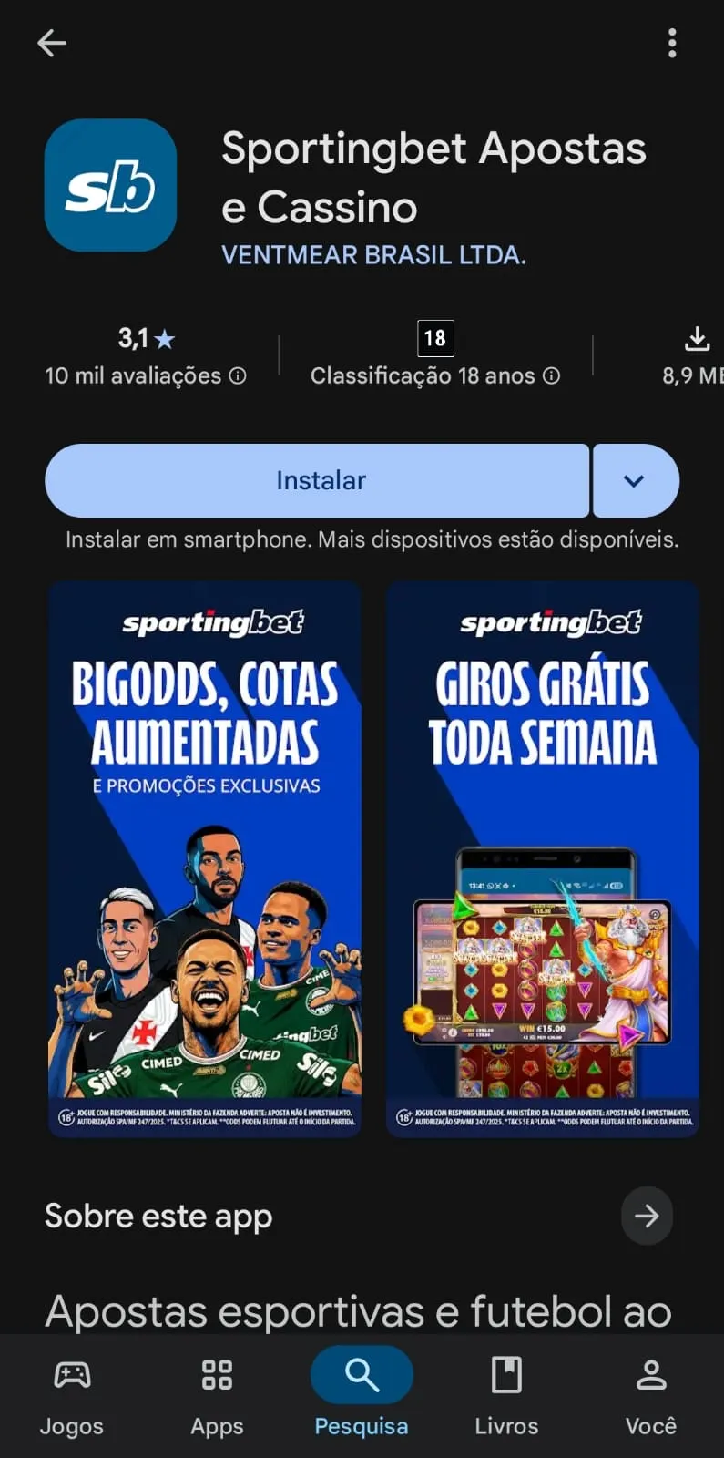 Aplicativo da Sportingbet na Play Store com avaliação de 3,1/5 e botão de instalar em destaque