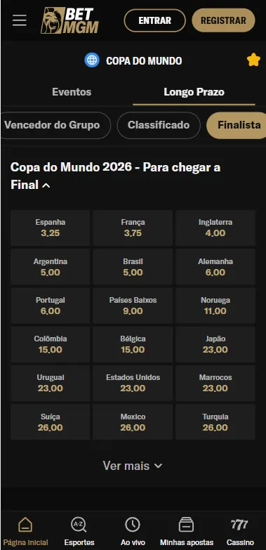 Mercado de apostas para chegar na final Mundo na BetMGM com odds a partir de 3.25